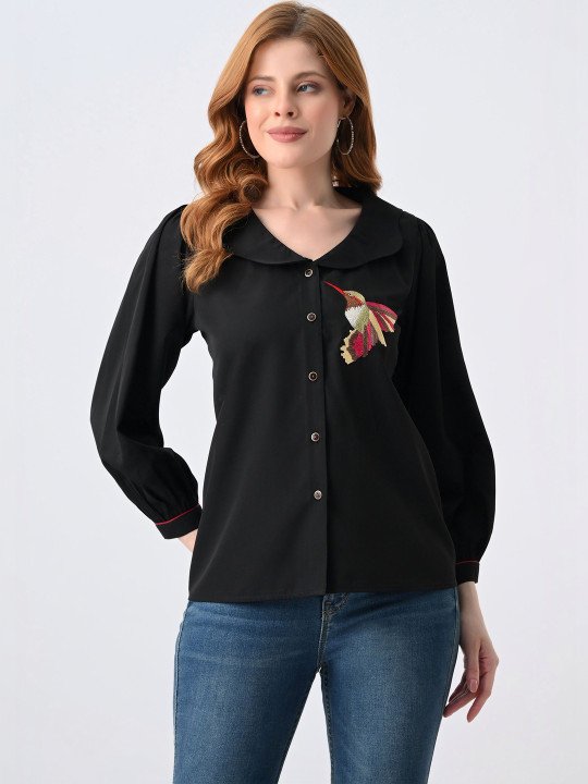 Embroidered Peter Pan Collar Puff Sleeve Top