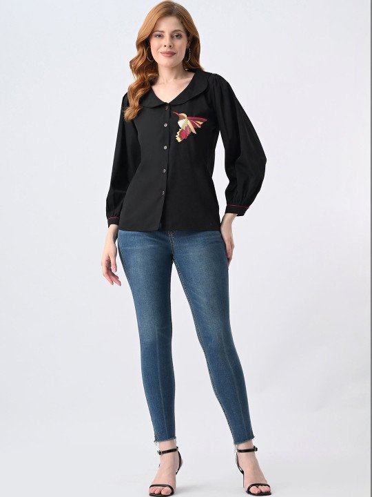 Embroidered Peter Pan Collar Puff Sleeve Top - Image 4