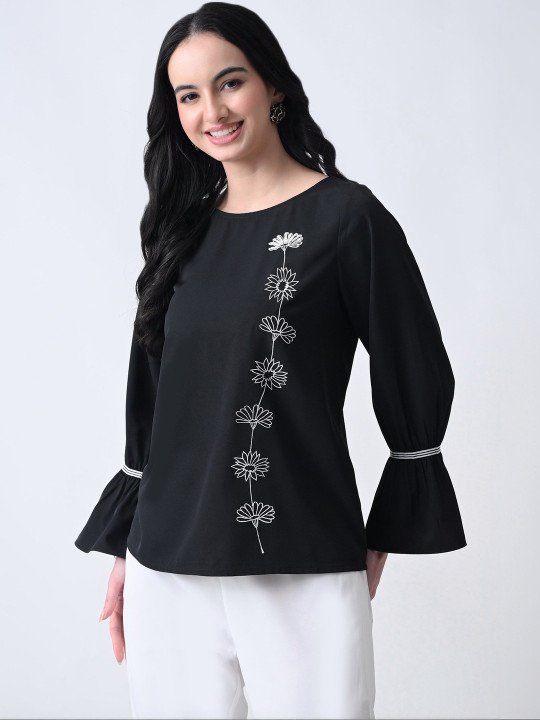 Floral Embroidered Flared Sleeve Crepe Top