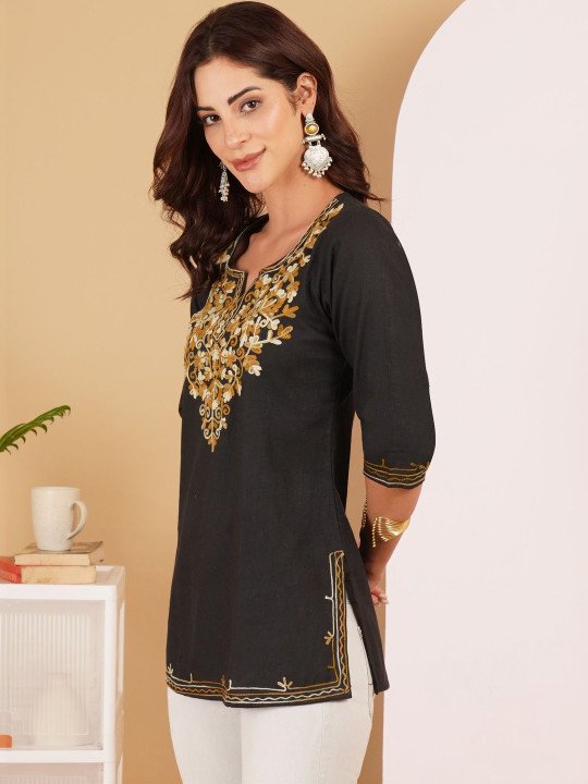 Embellished Embroidered Ethnic Cotton Blend Top