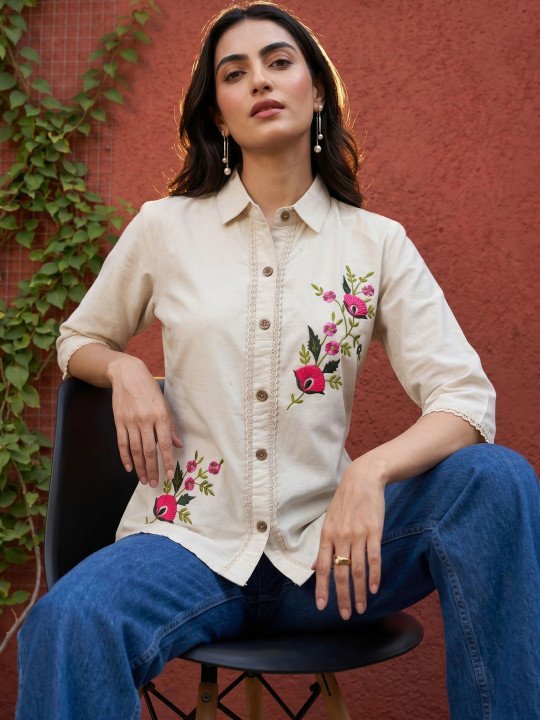 Floral Embroidered Cotton Shirt Style Top