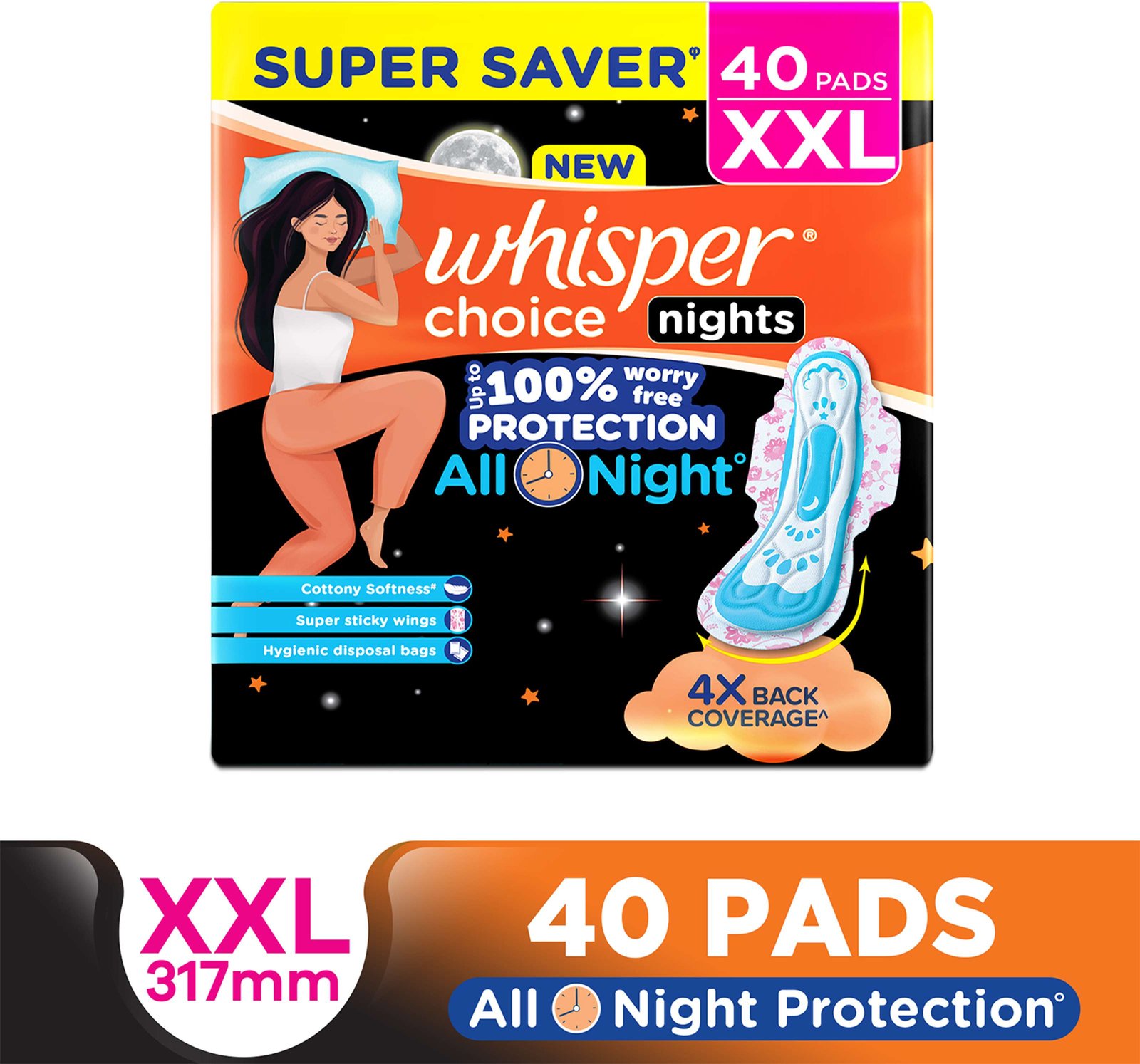 Whisper Choice Nights, 40 XXL Pads, with 4x Back Coverage^ Sanitary Pad (Pack of 40)