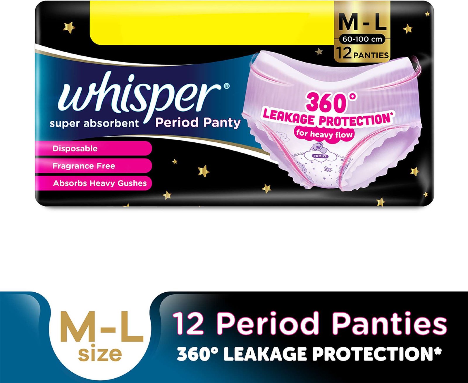 Whisper Super Absorbent Period Panty, 12 M-L Pants Sanitary Pad (Pack of 12)