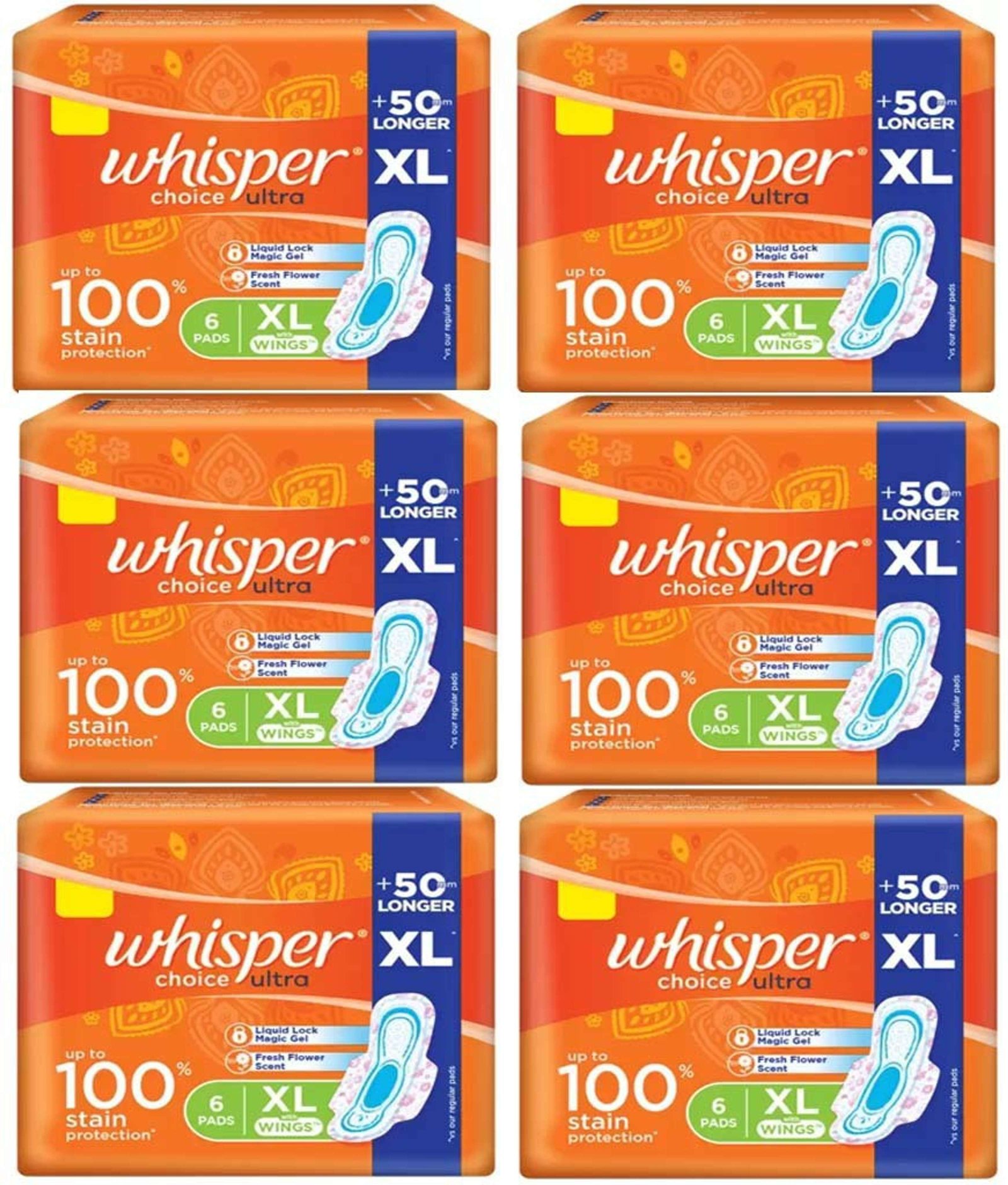 Whisper Choice Ultra 100% Stain Protection (36 Pads) Sanitary Pad (Pack of 6)