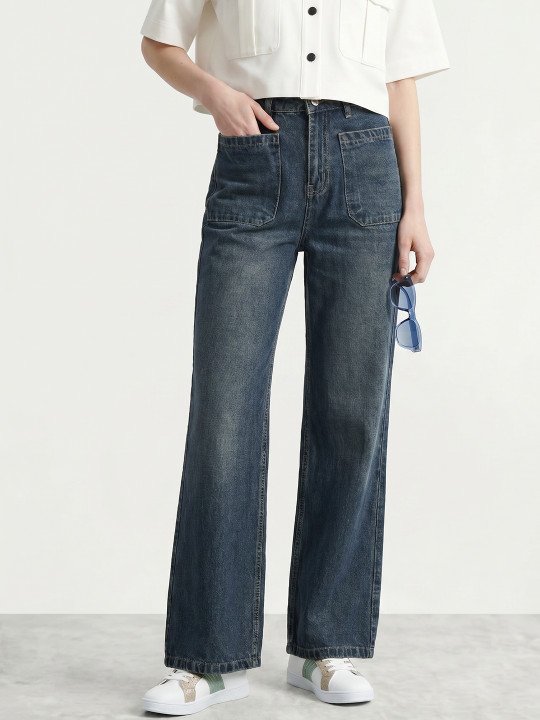 Women Wide Leg Pure Cotton Jeans