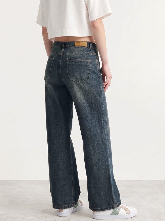 Women Wide Leg Pure Cotton Jeans - Image 3