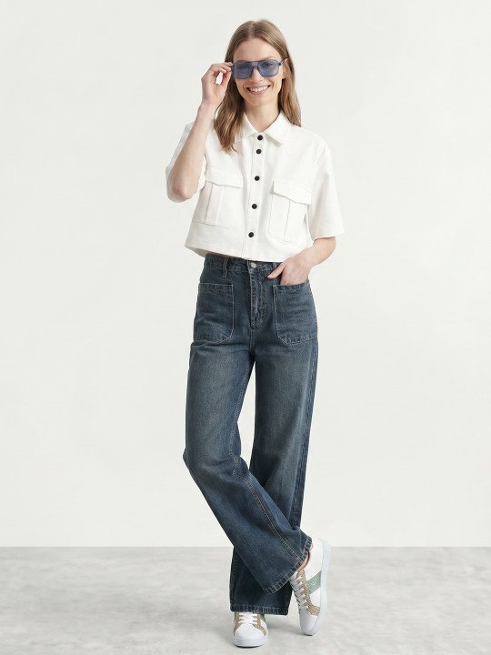 Women Wide Leg Pure Cotton Jeans - Image 4