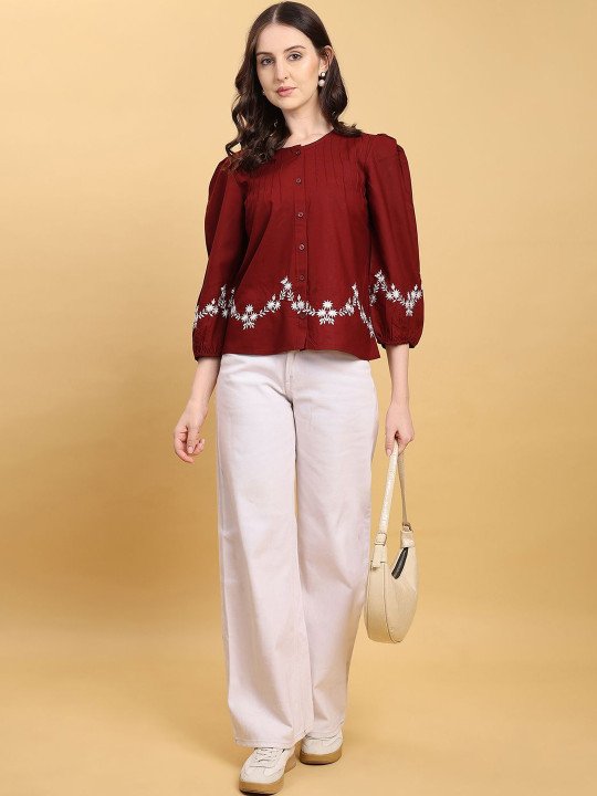 Floral Embroidered Puff Sleeve Top - Image 7