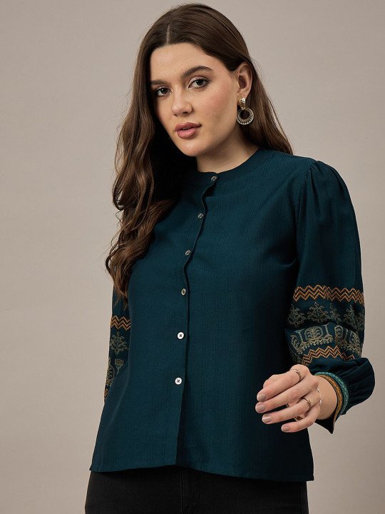 The Lifestyle Co Women Embroidered Mandarin Collar Puff Sleeve Shirt Style Top