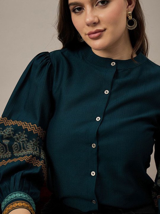 The Lifestyle Co Women Embroidered Mandarin Collar Puff Sleeve Shirt Style Top - Image 2