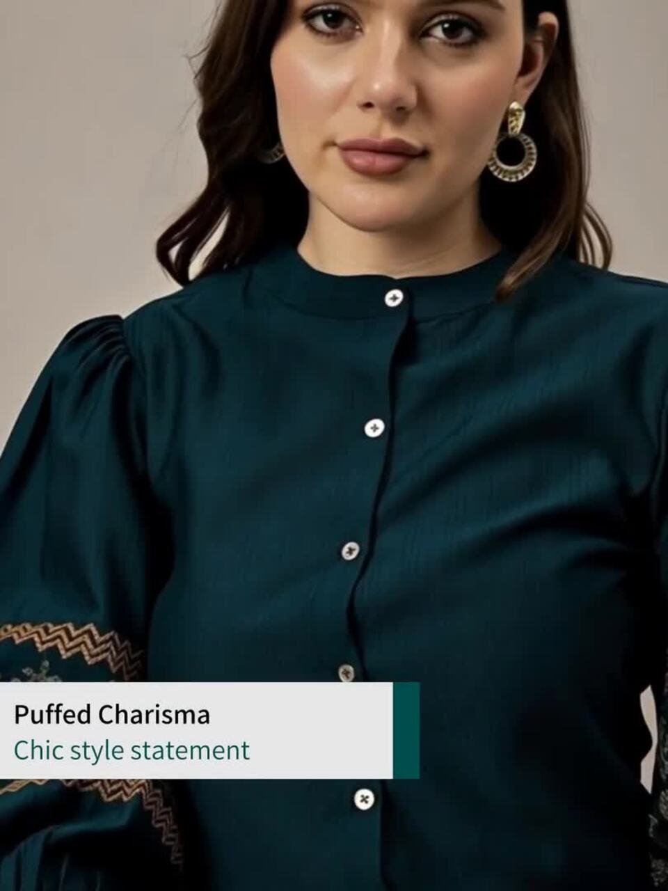 The Lifestyle Co Women Embroidered Mandarin Collar Puff Sleeve Shirt Style Top - Image 3