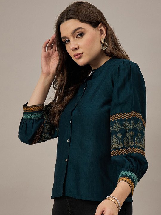 The Lifestyle Co Women Embroidered Mandarin Collar Puff Sleeve Shirt Style Top - Image 4