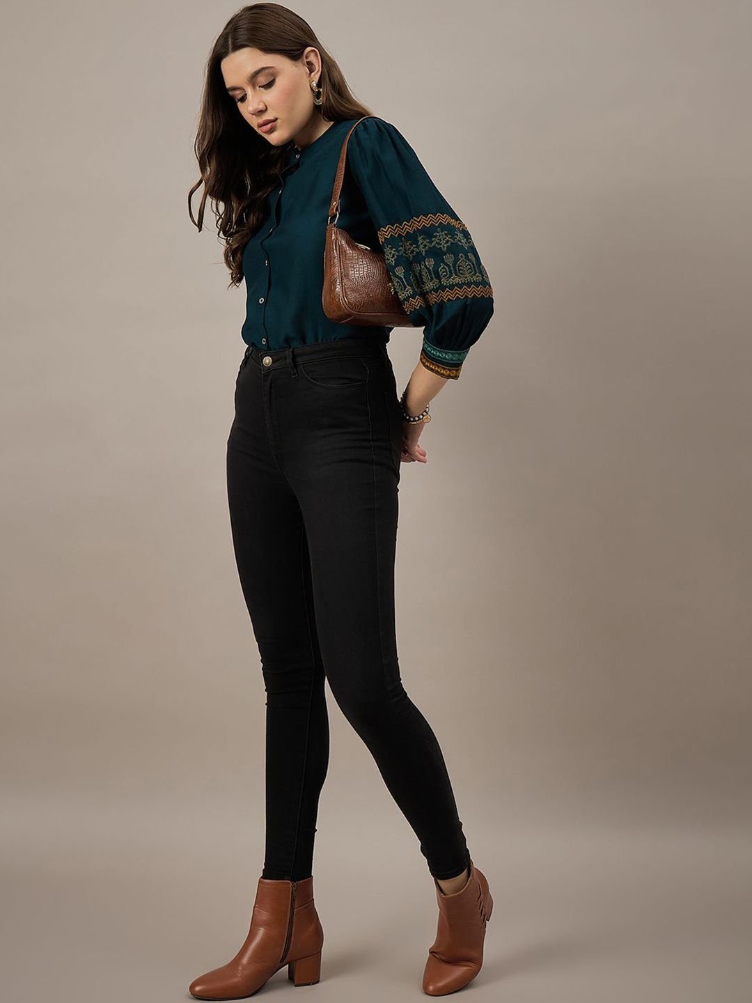 The Lifestyle Co Women Embroidered Mandarin Collar Puff Sleeve Shirt Style Top - Image 5