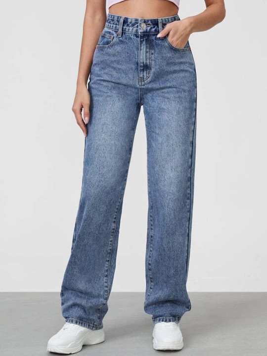 Women Comfort Straight Fit Cotton High-Rise Heavy Fade Jeans
