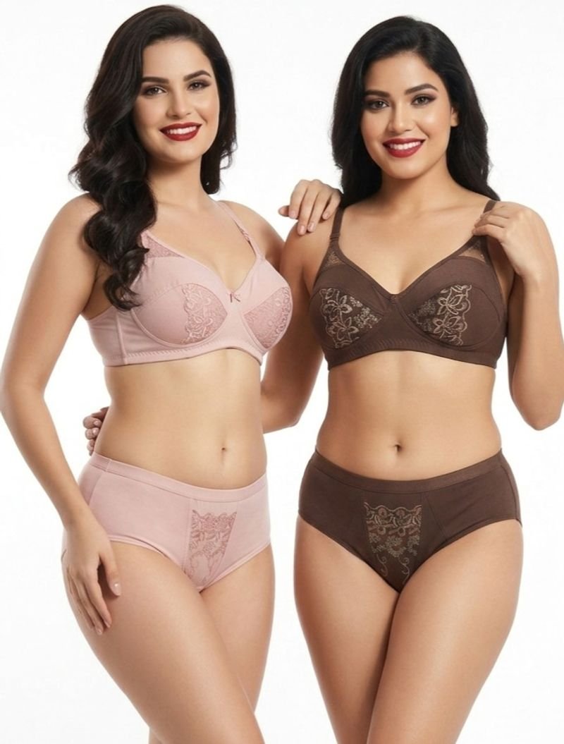 BRIXTAA Bra & Panty Set Self Design Brown, Pink Lingerie Set