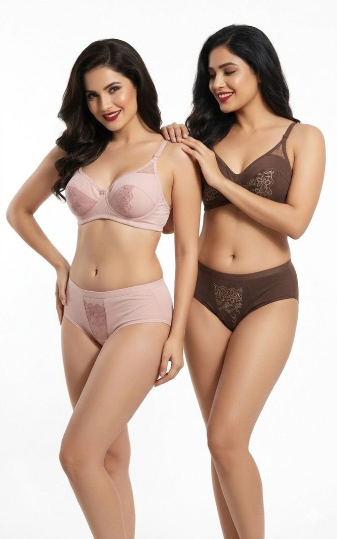 BRIXTAA Bra & Panty Set Self Design Brown, Pink Lingerie Set - Image 5