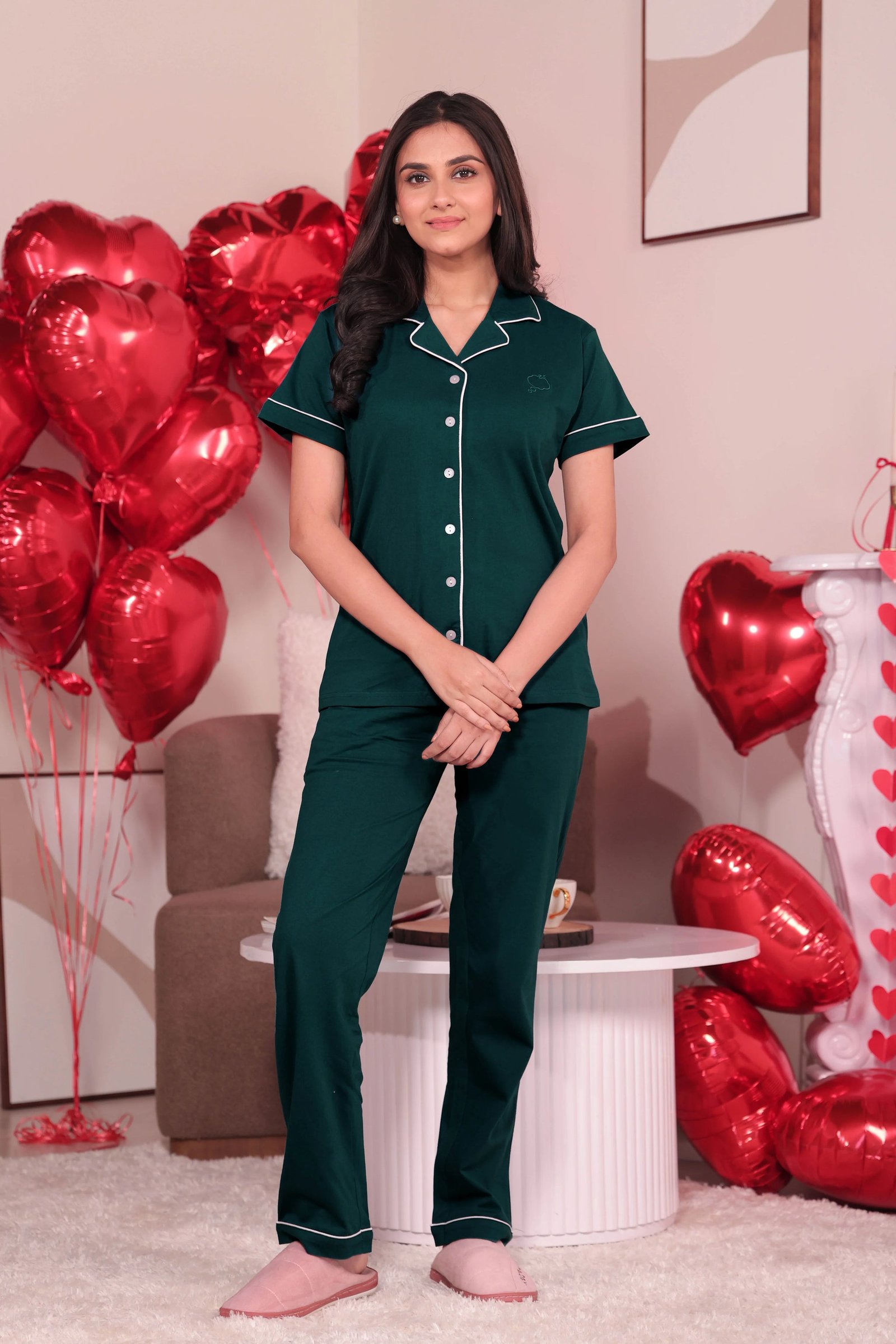 Emerald Green Solid Pyjama Set - Image 2