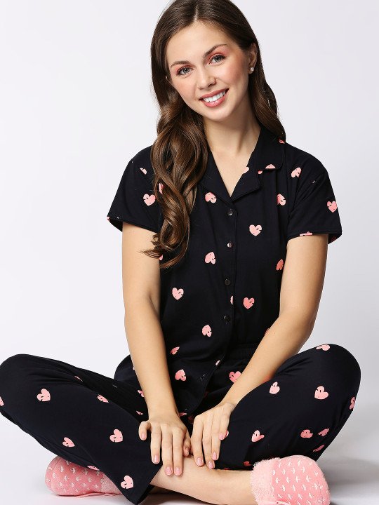 Women Black & Pink Printed Night suit