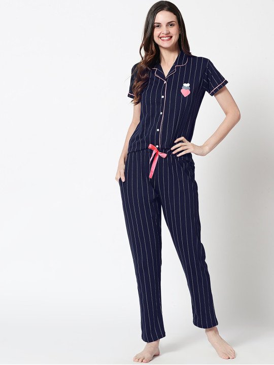 Women Navy Blue & Pink Striped Pure Cotton Night suit