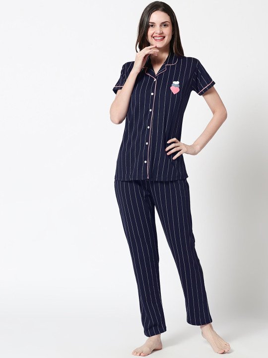 Women Navy Blue & Pink Striped Pure Cotton Night suit - Image 5
