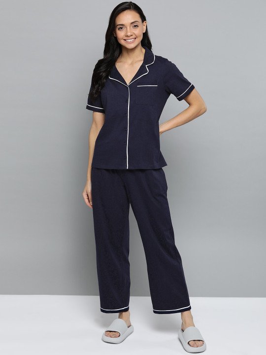 Women Navy Blue Solid Night Suit