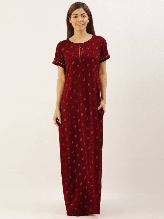 Maroon Printed Maxi Nightdress