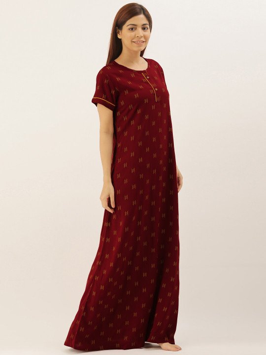 Maroon Printed Maxi Nightdress - Image 3