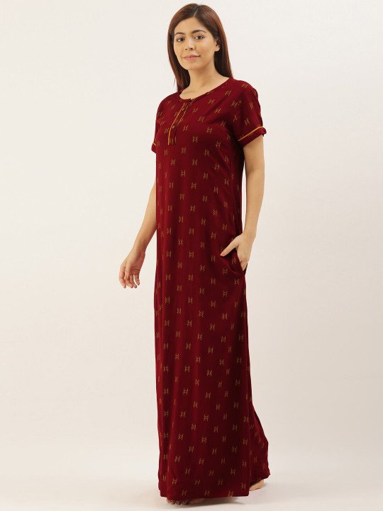 Maroon Printed Maxi Nightdress - Image 4