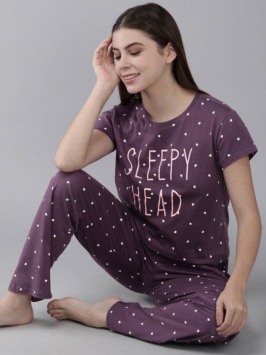 Women Purple & Peach-Coloured Printed Night suit