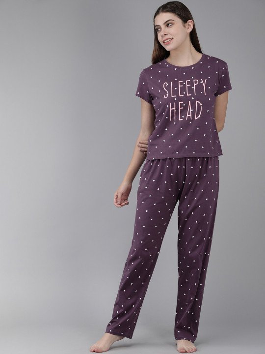 Women Purple & Peach-Coloured Printed Night suit - Image 6