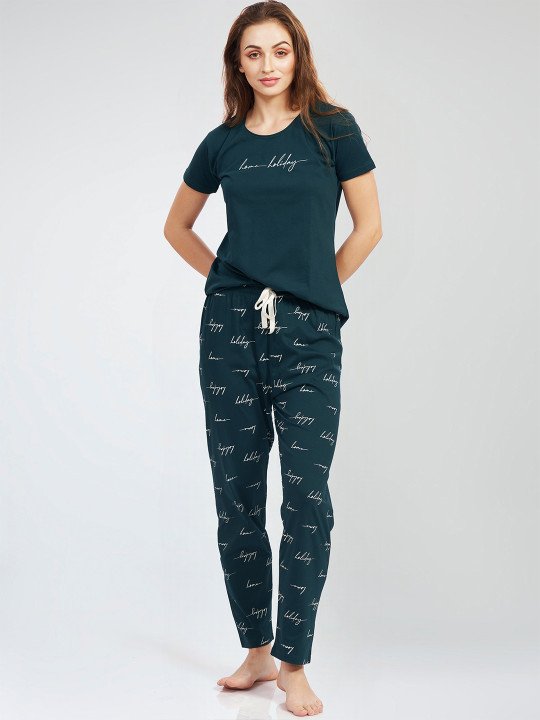 Women Typography Printed Pure Cotton Night suit - Image 2