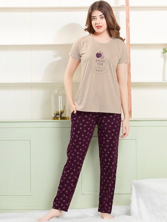Women Printed Regular Fit T-shirt & Pyjamas Night suit