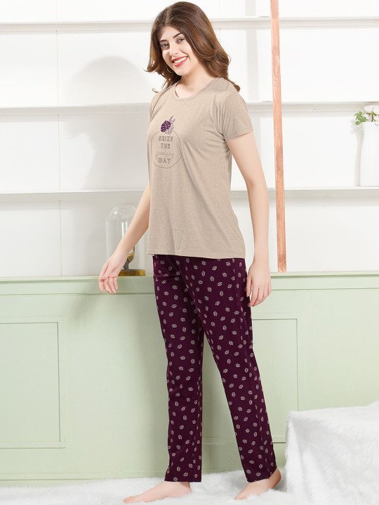 Women Printed Regular Fit T-shirt & Pyjamas Night suit - Image 2