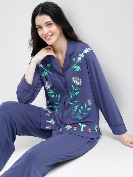 Women Floral Printed Long Sleeves Night suit