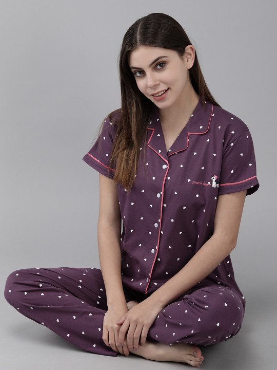 Women Purple Printed Cotton Night suit
