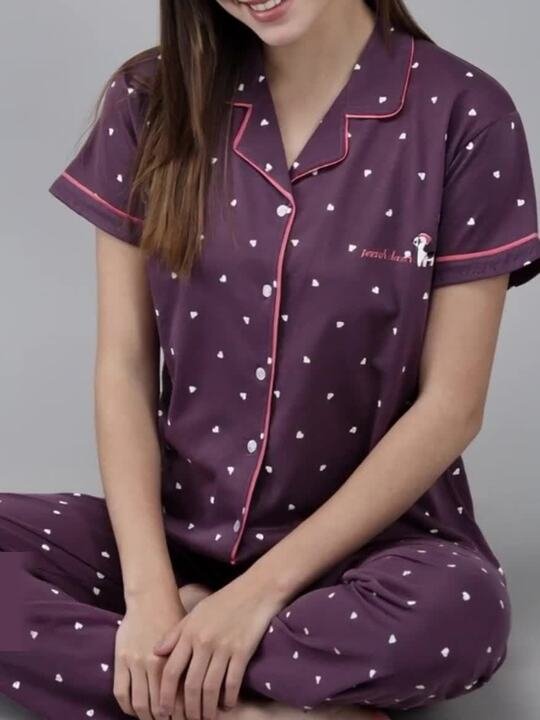Women Purple Printed Cotton Night suit - Image 3