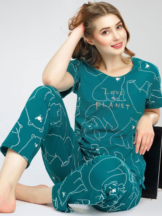 Round Neck Short Sleeves Printed Pure Cotton Night suit