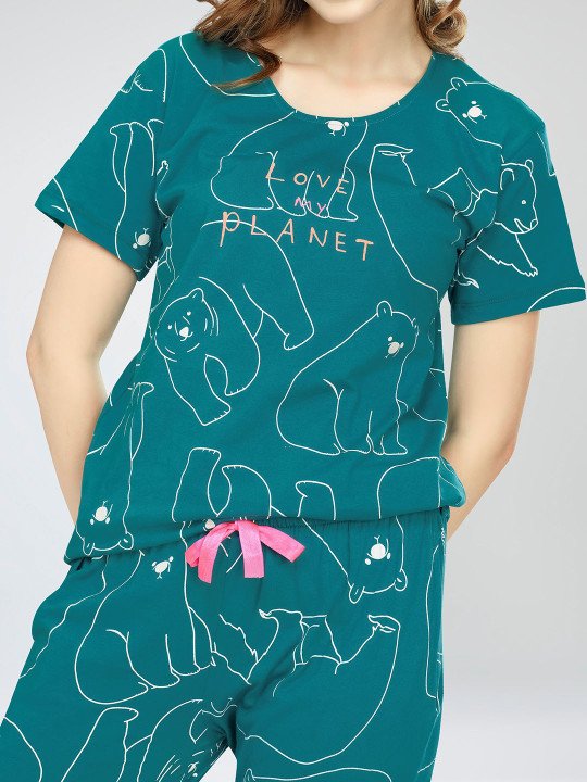 Round Neck Short Sleeves Printed Pure Cotton Night suit - Image 2