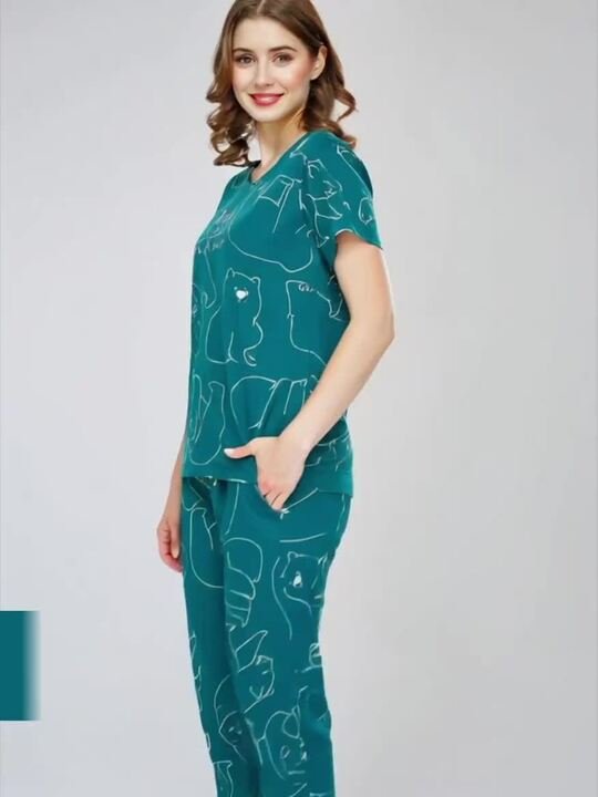 Round Neck Short Sleeves Printed Pure Cotton Night suit - Image 3