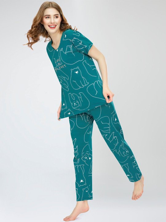 Round Neck Short Sleeves Printed Pure Cotton Night suit - Image 4