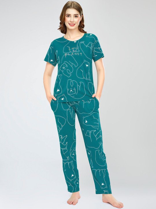 Round Neck Short Sleeves Printed Pure Cotton Night suit - Image 5