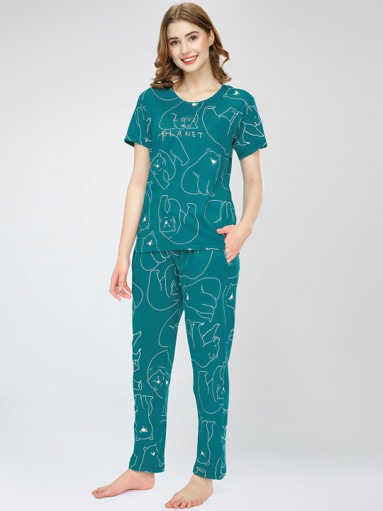 Round Neck Short Sleeves Printed Pure Cotton Night suit - Image 7