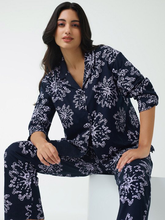 Blue Floral Printed Pure Cotton Night suit
