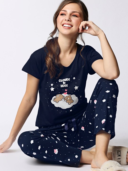 Women Navy Blue & White Pure Cotton Printed Night Suit