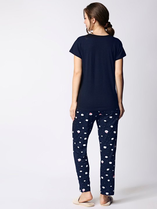 Women Navy Blue & White Pure Cotton Printed Night Suit - Image 3