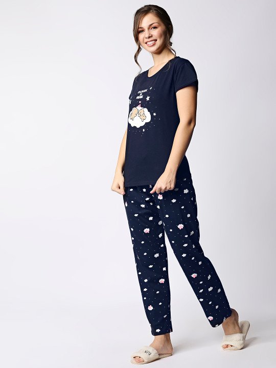 Women Navy Blue & White Pure Cotton Printed Night Suit - Image 4