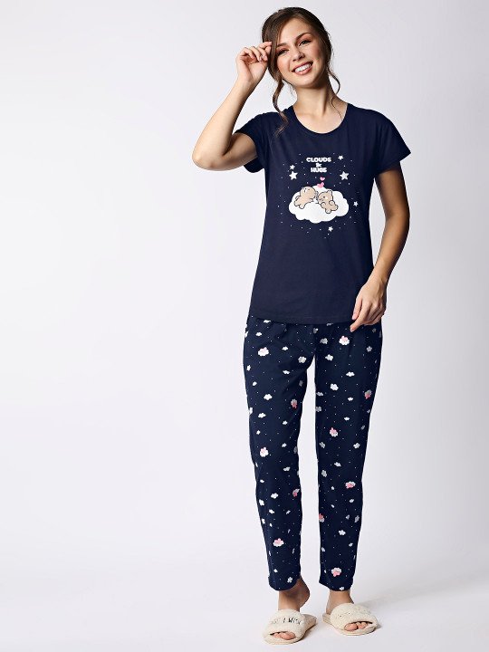 Women Navy Blue & White Pure Cotton Printed Night Suit - Image 5