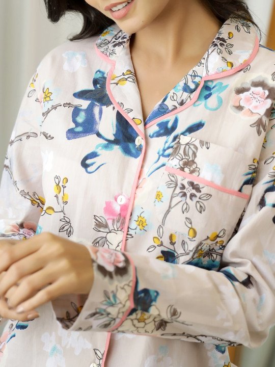 Women Beige & Blue Printed Pure Cotton Night suit - Image 2