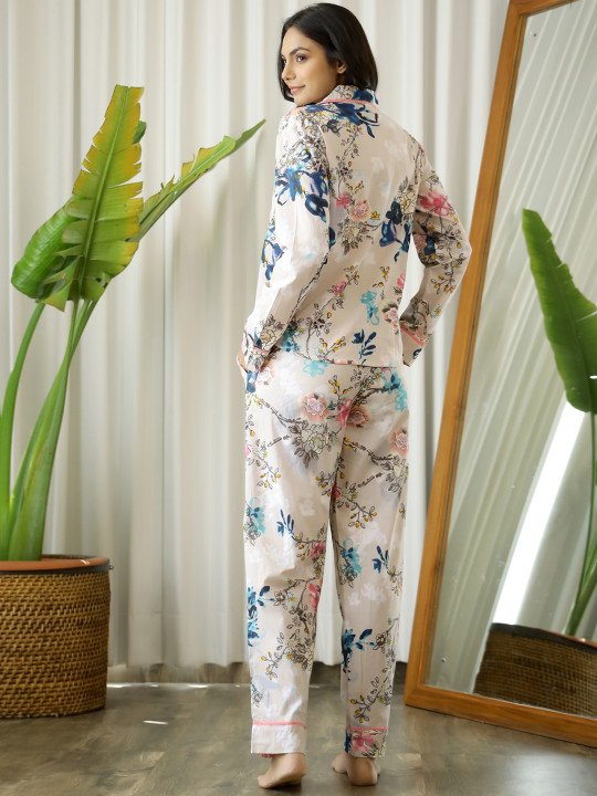 Women Beige & Blue Printed Pure Cotton Night suit - Image 4
