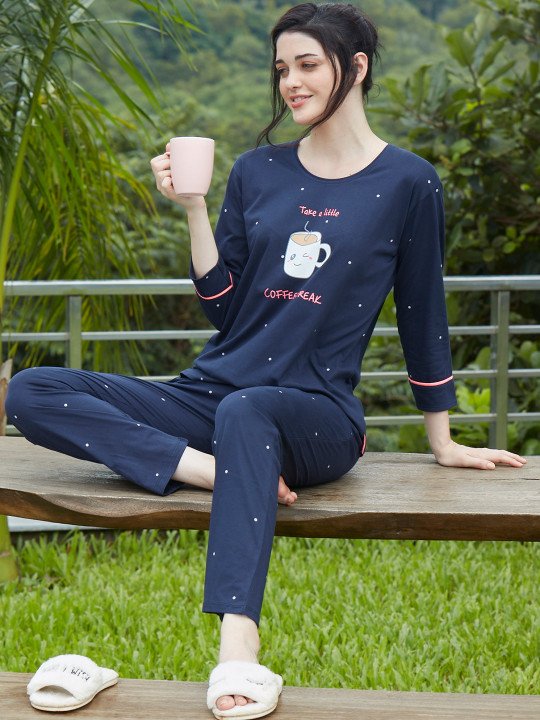 Women Navy Blue Printed Night suit